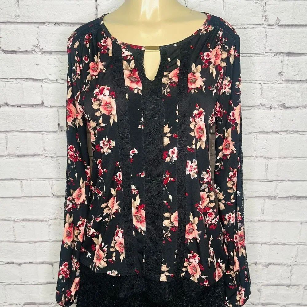 White House Black Market Womens Black Red Floral Lace Trim Blouse Top Sz Medium